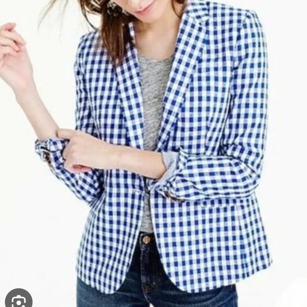 J. Crew Blue and White Plaid , Linen Blazer, Size 8 - Picture 4 of 17
